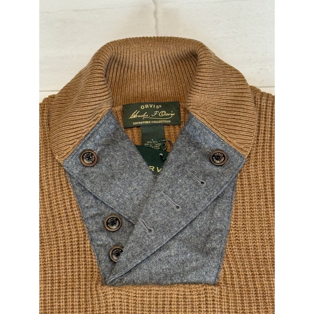 Rare Orvis Sweater Mens L WWII Khaki/ Elbow Patch Military Shawl Collar NWT - Picture 3 of 9